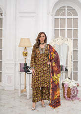 Walnut Printed Embroidered Suit – 3Pc
