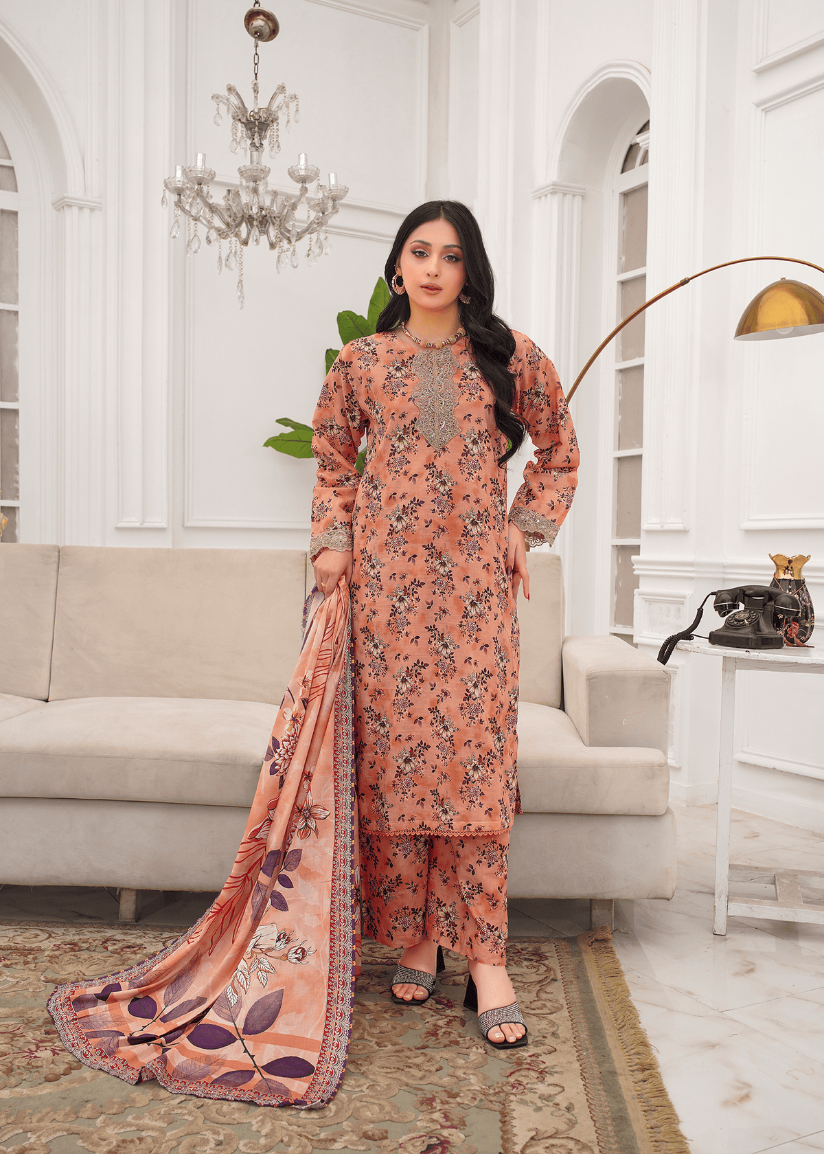 Peach Printed Embroidered Lawn 3Pc Suit