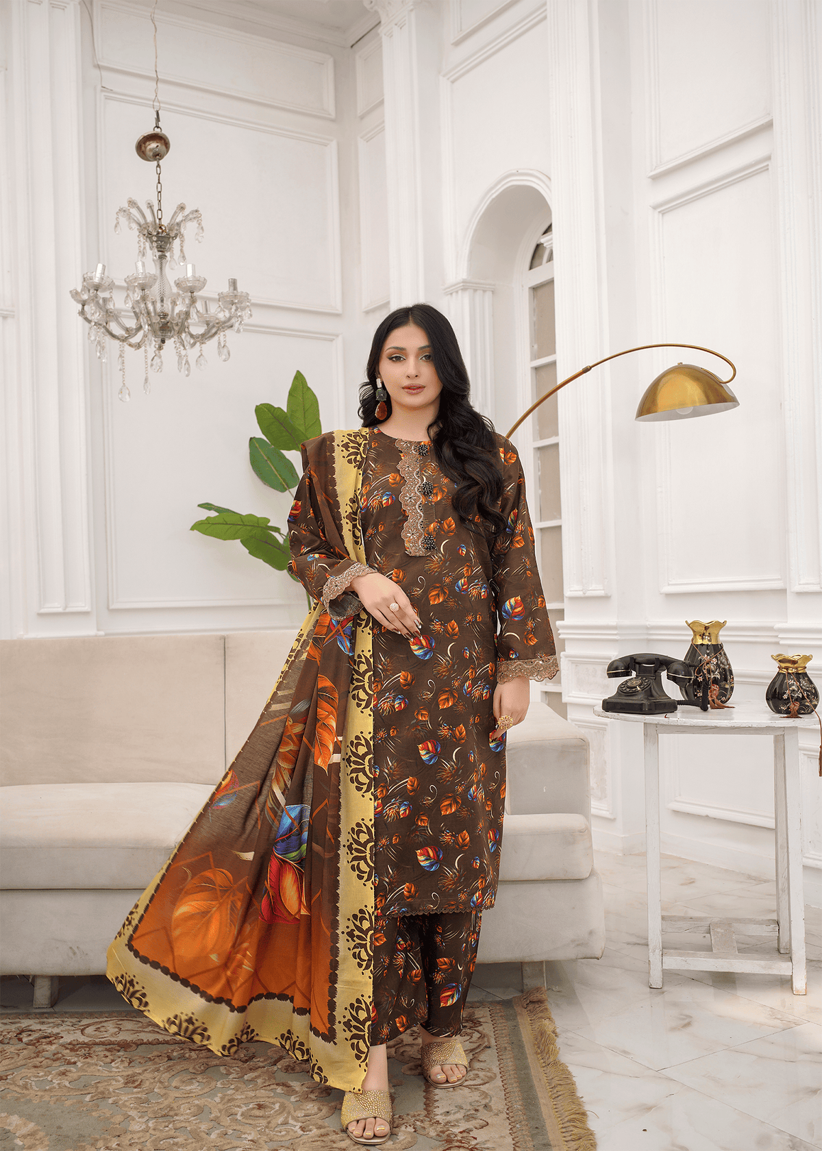 Autumn Wood Printed Embroidered 3Pc