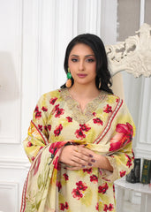 Lime Yellow Printed Embroidered 3Pc Suit