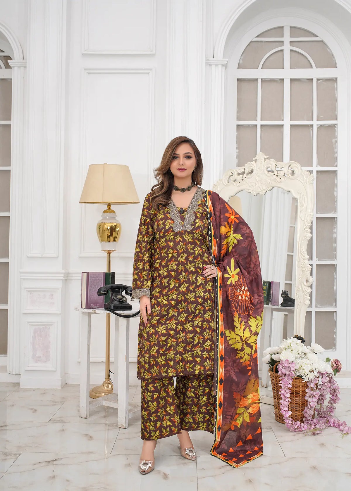 Walnut Printed Embroidered Suit – 3Pc