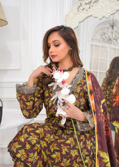 Walnut Printed Embroidered Suit – 3Pc