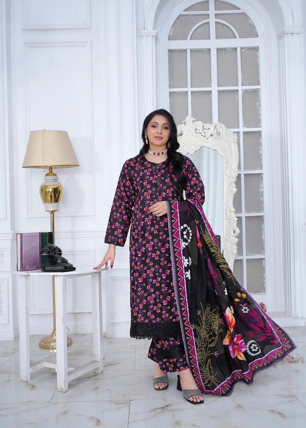 Midnight Printed Embroidered Suit – 3Pc