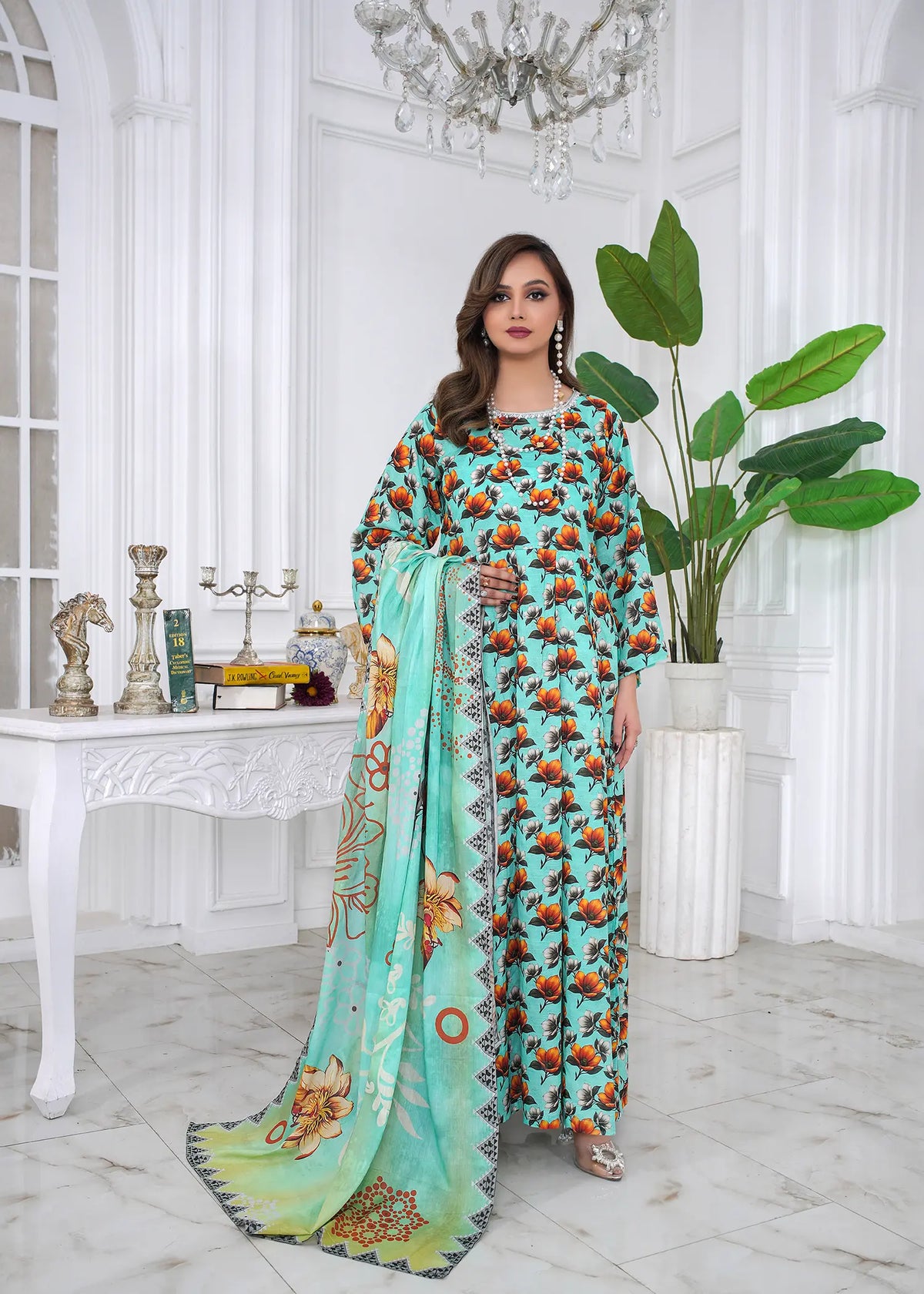 Seafoam Printed Lawn Frock – 2Pc