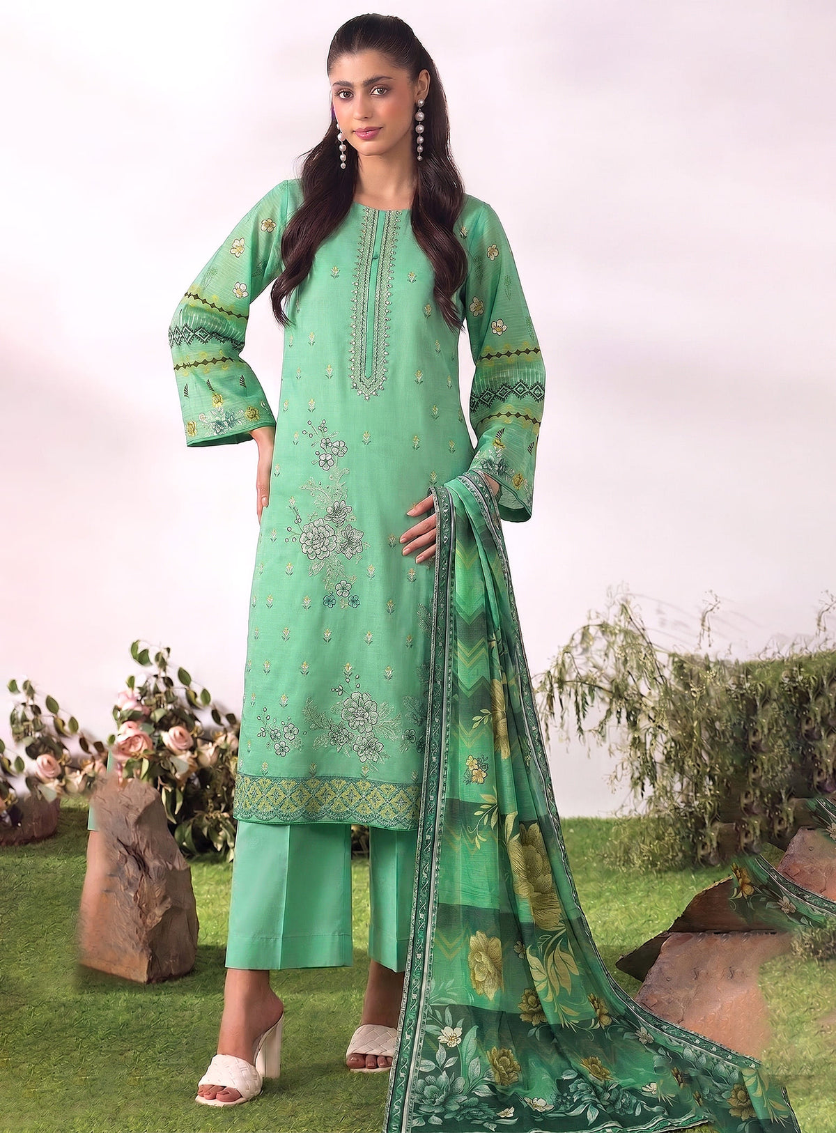 Emerald Bloom Unstitched  – 3Pc