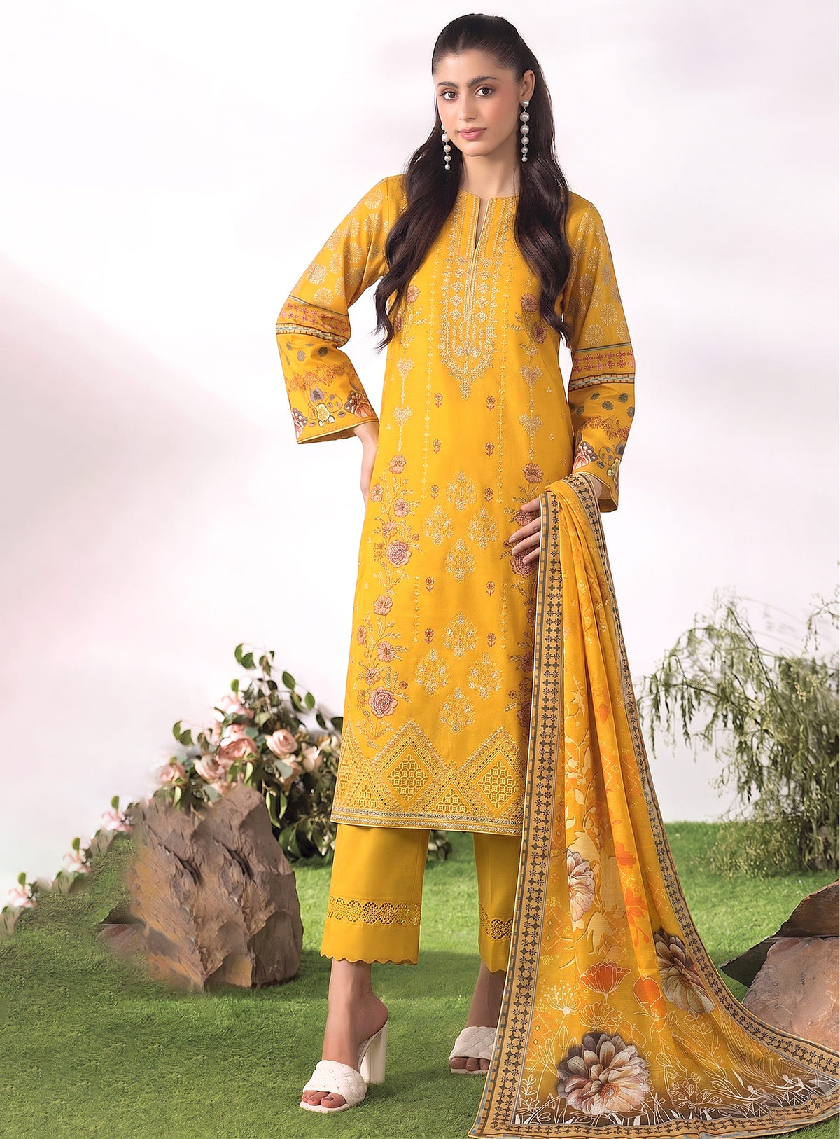 Mustard Unstitched Embroidered Lawn Suit – 3Pc
