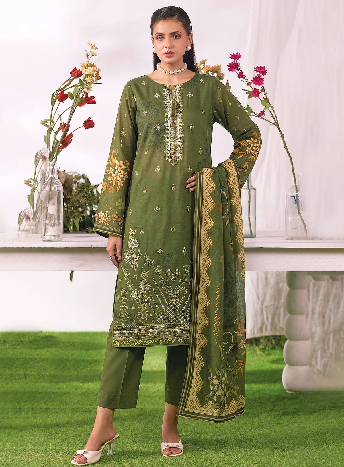 Olive Unstitched Embroidered Lawn Suit – 3Pc