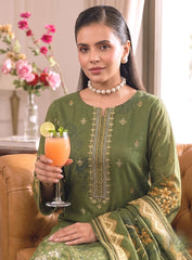 Olive Unstitched Embroidered Lawn Suit – 3Pc