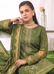 Olive Unstitched Embroidered Lawn Suit – 3Pc
