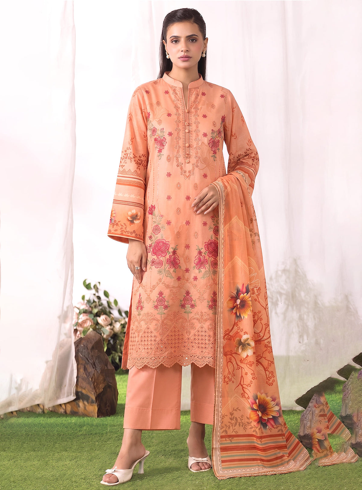 Peach Unstitched Embroidered Lawn Suit